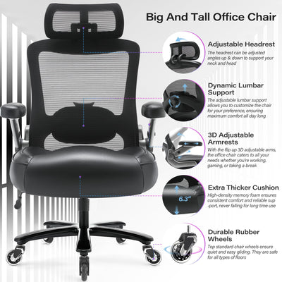 600lbs Big and Tall Office Chair- Heavy Duty Executive Computer Chair with 3D Flip Arms Large Wheels, Ergonomic Mesh High Back Desk Chair, Extra Wide Seat Adjustable Lumbar Support&Headrest