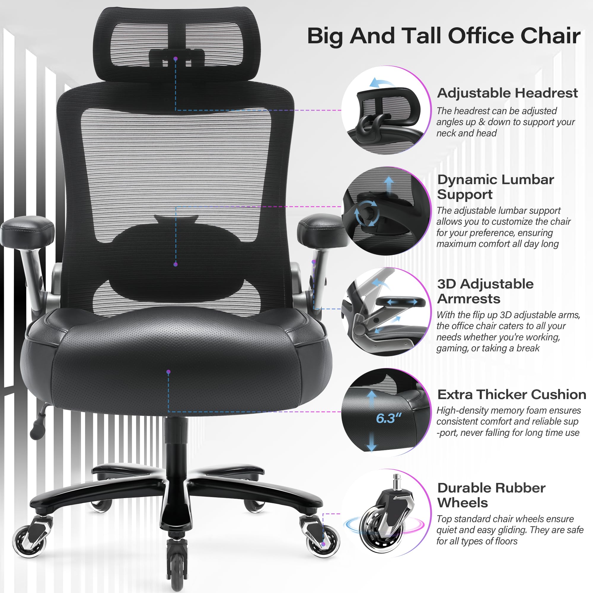 Big and Tall Office Chair 600lbs, Heavy Duty Executive Computer Desk Chair