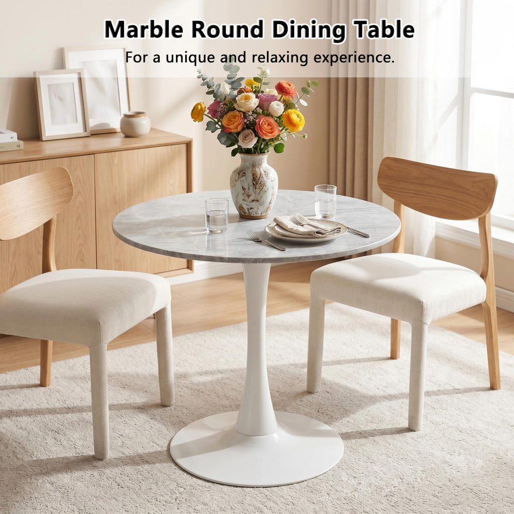 27.6" Marble Round Tulip Table, Mid-Century Modern Style Dining Table with White Pedestal Base for 2-4 People, Featuring A Marble Tabletop for Kitchen, Dining Room, Cafe (Light Grey)