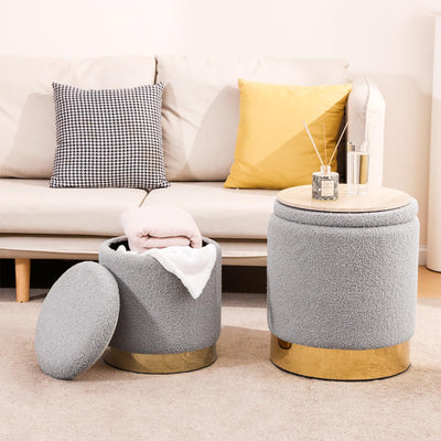 Sherpa Round Ottoman Set of 2 with Storage, 12 Gallon Hidden Storage Ottoman, Multi-Functional Footrest Stool, Vanity Seat, Coffee Table, No Assembly Required, Holds 300lbs (Gray)