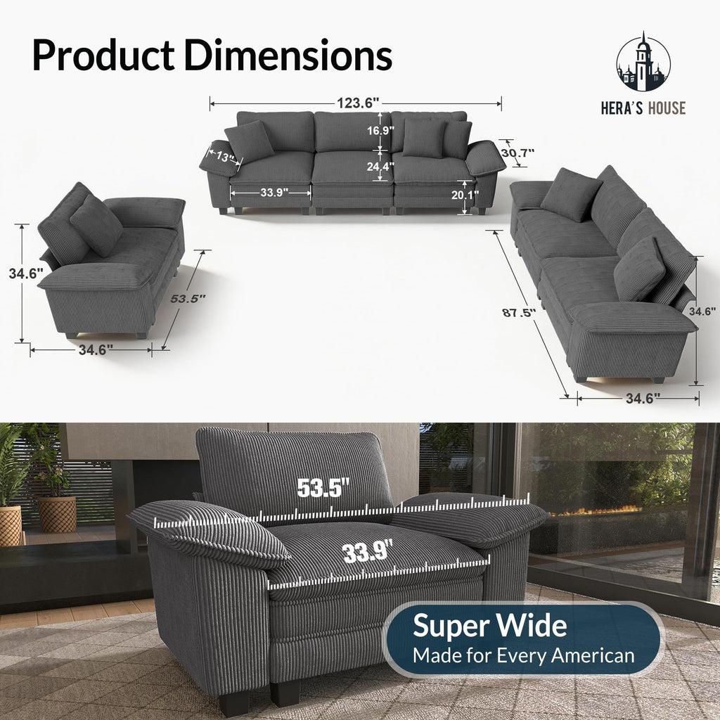 3 Pieces Modular Sectional Sofa Sets, Oversized Couch Set with Loveseats and Armchair, Comfy Cloud Couches with Throw Pillows, 6-Seater Deep Seat Sofa for Living Room, Corduroy Grey