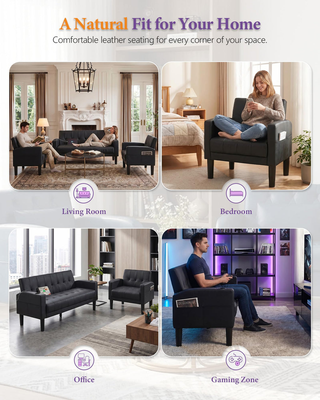 Sofa Couch 62" W Loveseat w/ 2 USB Charger Ports & 2 Cupholders, Mid-Century Modern Black LeatherTufted Small Love Seat Couches for Office,Compact Living Room,Bedroom,Apartment,Dorm (2)