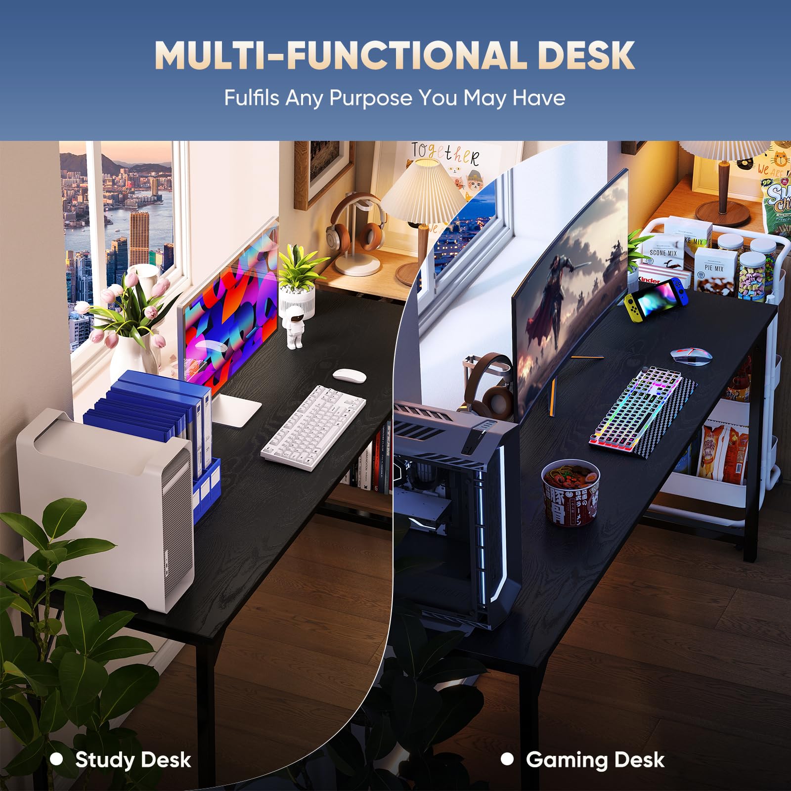 63 Inch Computer Desk Writing Gaming Study Work Large Desks for Bedroom Home Office with Metal Frame Simple Modern PC Compact Table Workstation, Wood Black