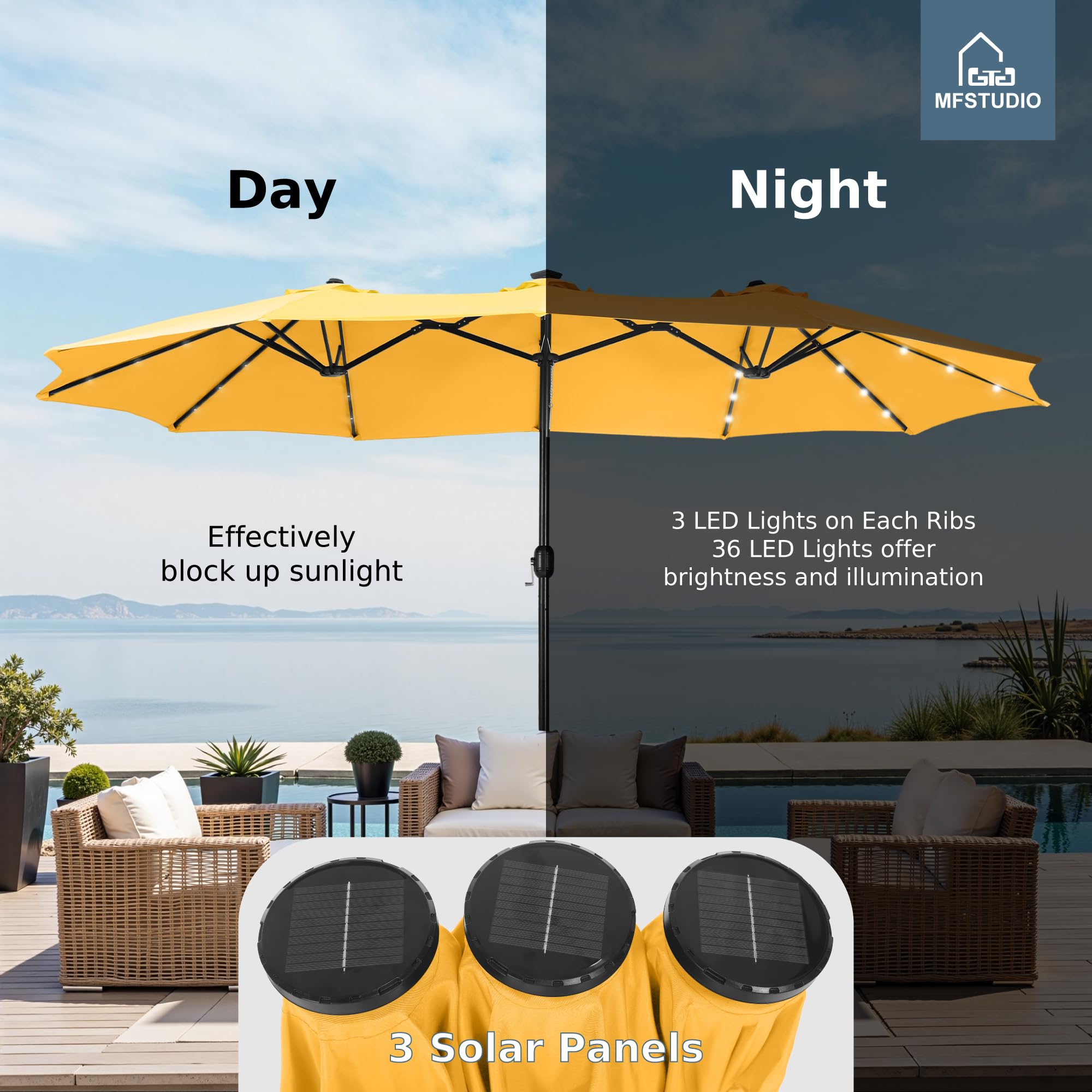 15ft Double Sided Patio Umbrella with Solar Lights, Outdoor Large Umbrellas with Crank Handle and 36 LED Lights, Rectangular Market Umbrella with Base Included for Deck Pool, Gold Yellow