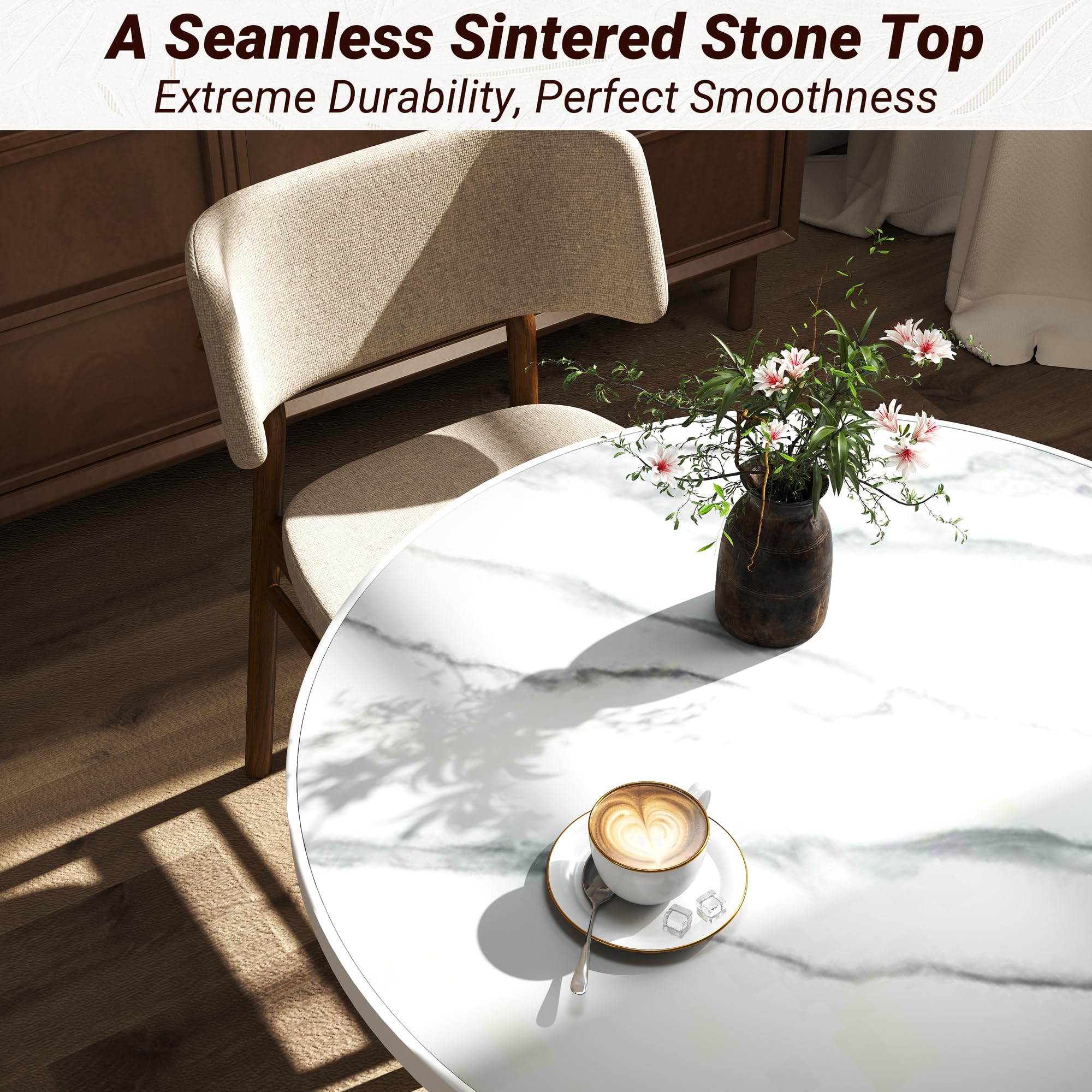 31.5" Tulip Table,Round Kitchen Dining Table for 2-4 with Thick Sintered Stone Top,Titanium Golden Pedestal Base,Heat-Resistant,Bistro Table for Dining Room,Café,Small Space（White Glacial）