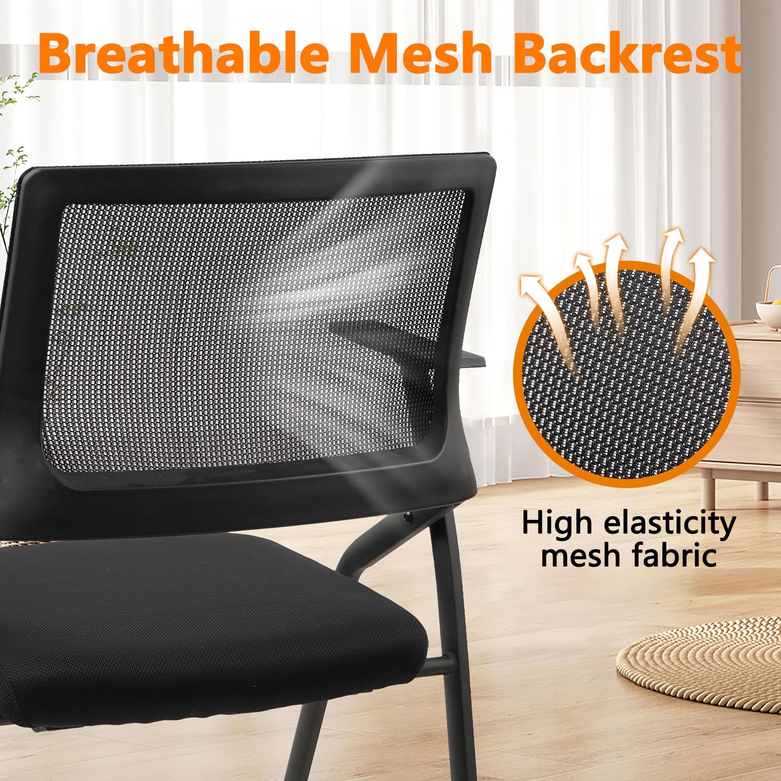 Black 8 Pack, Stackable Foldable Chairs with Wheels, Portable Padded Office Desk Chair with Lumbar Support and Armrest for Conference School Lobby Break Waiting Training Room Guest Reception