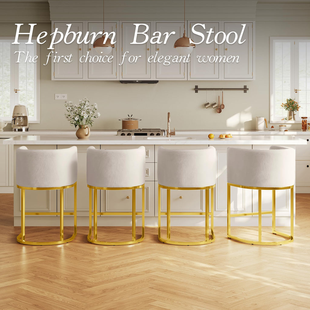 Modern Counter Height Bar Stools,Bar Stools Set of 2,Velvet Fabric Upholstered Barrel Barstools with Backs,26'' Kitchen Island Chairs,Metal Gold Frames,Beige White Velvet
