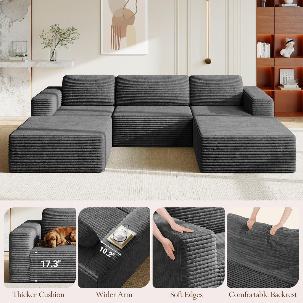 119" Oversized U-Shaped Modular Sectional Sofa, Corduroy Cloud Couch with Deep Seating & Spring Support, Convertible Sofa with 2 Ottomans, Boneless Couch, No Assembly Required, Grey