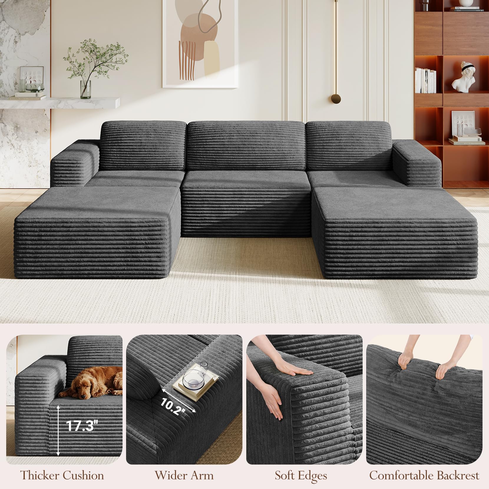 119" Oversized U-Shaped Modular Sectional Sofa, Corduroy Cloud Couch with Deep Seating & Spring Support, Convertible Sofa with 2 Ottomans, Boneless Couch, No Assembly Required, Grey