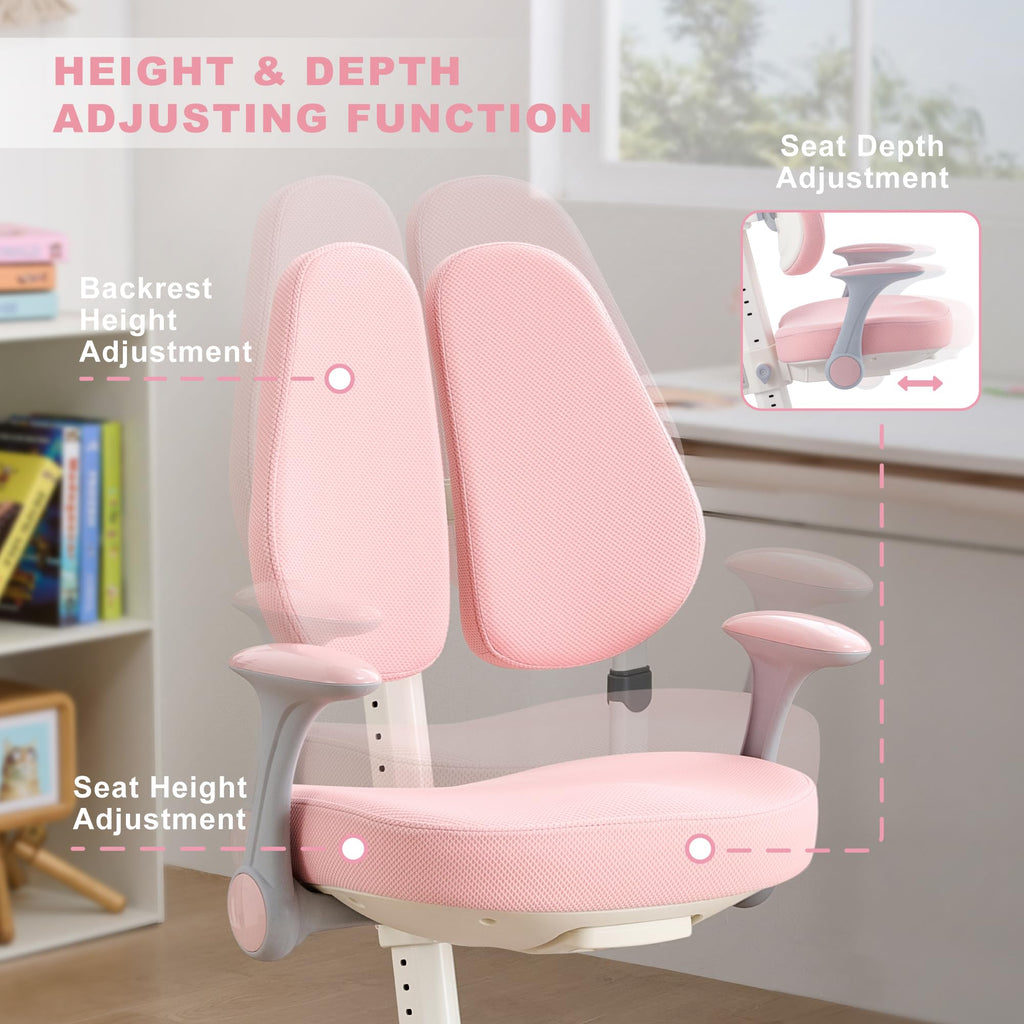 Kids Desk Chair,Ergonomic Chair: Height-Adjustable, Double Back Support – Multifunctional for Study/Work/Dining | Ideal for Kids, Petite Adults – Ultra-Comfy (Bedrooms, Schools, Offices)(Pink)