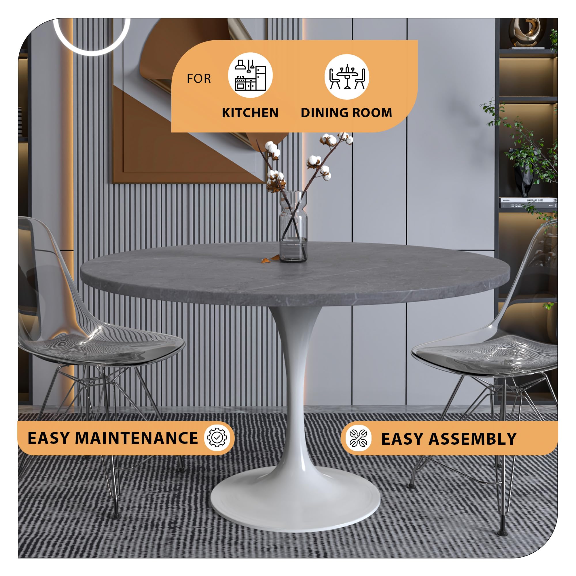 Modern 48" Round Dining Table with Sintered Stone Tabletop in White Steel Pedestal Base for Kitchen and Dining Room (Grey)