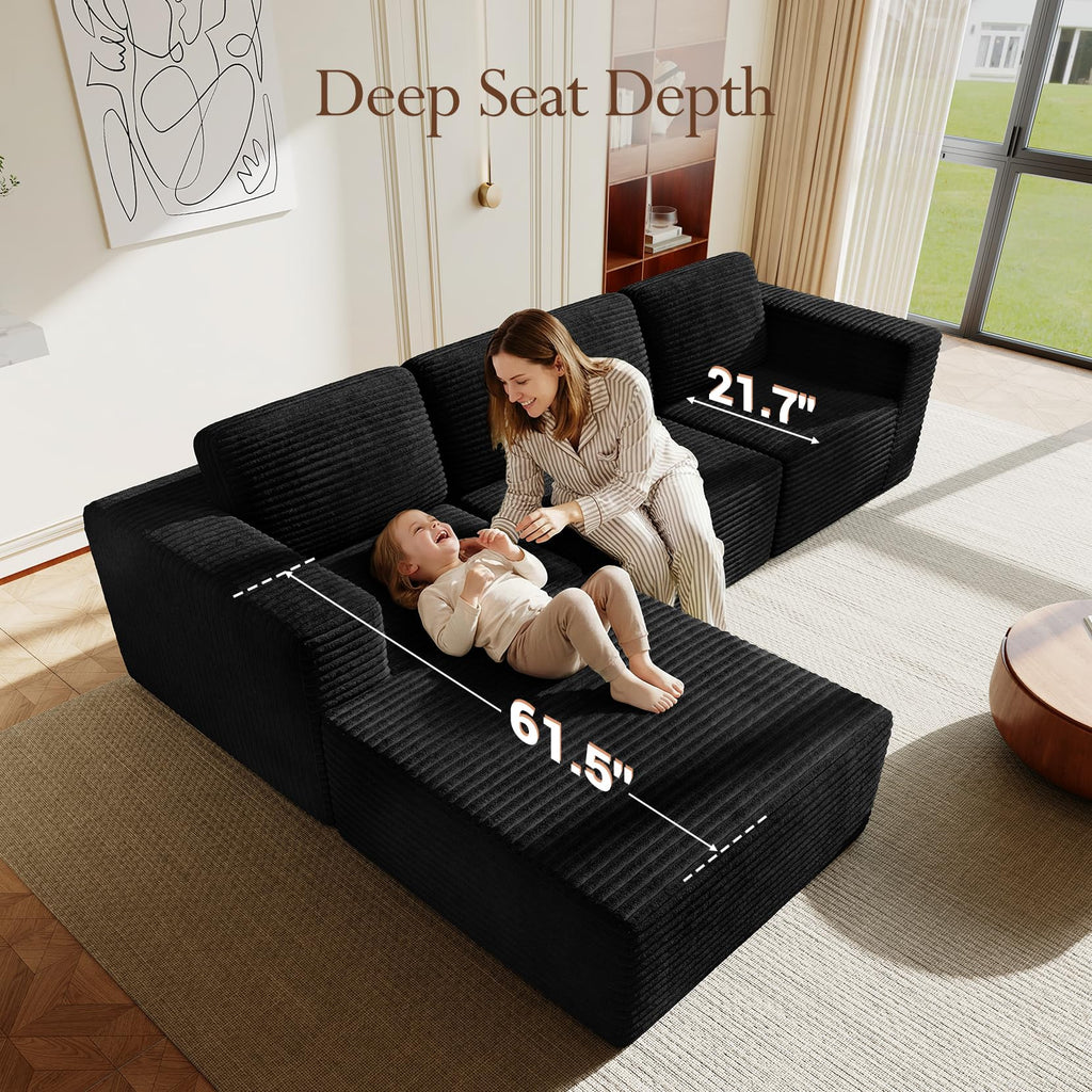 119" L-Shaped Modular Sectional Sofa, Corduroy Cloud Couch with Deep Seating & Spring Support, Flexible Layout Sofa with Ottoman, Boneless Style, No Assembly Required, Black