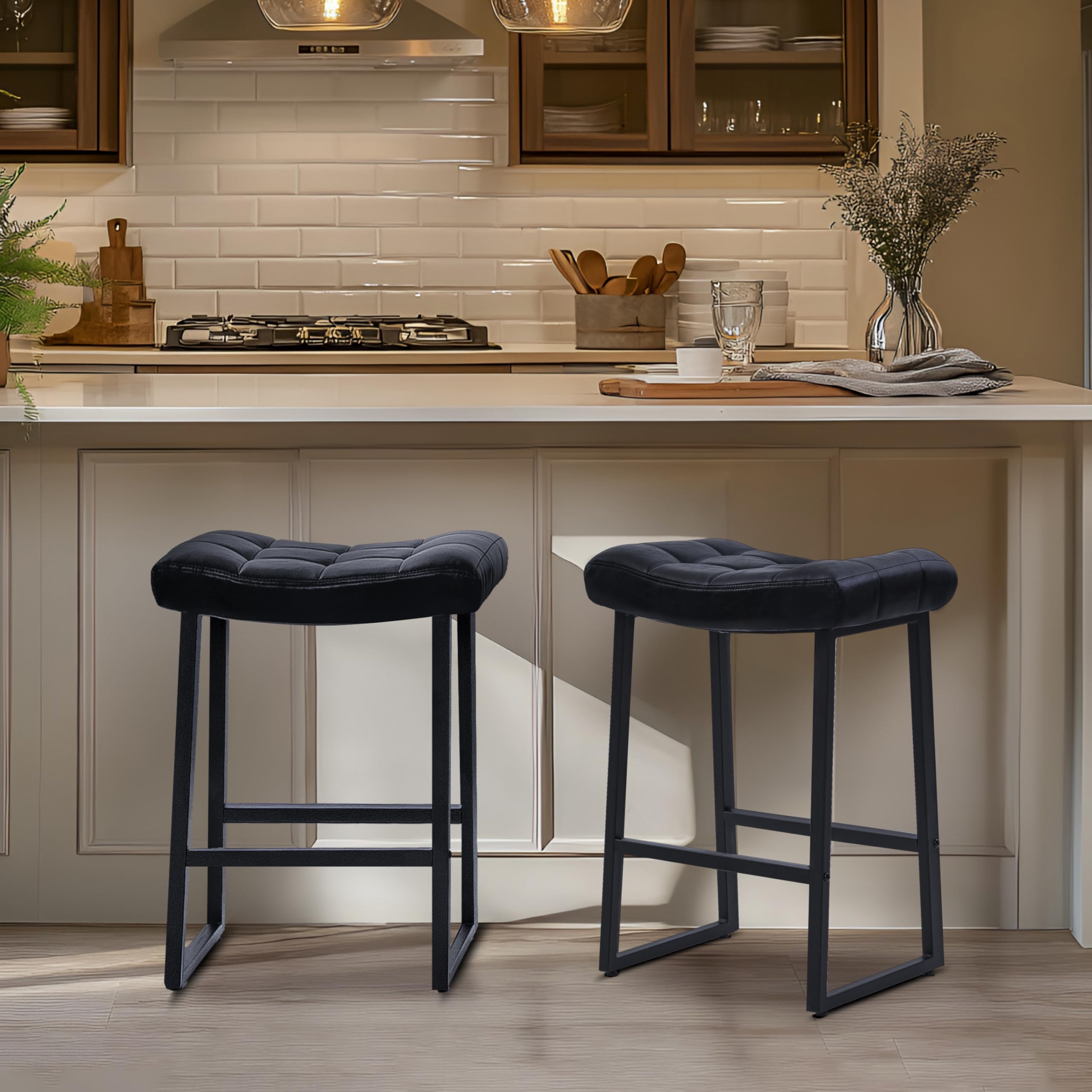 Black Bar Stools Set of 3 for Kitchen Island Counter Height Stools Modern Backless Barstools with Upholstered Faux Leather Saddle Seat and Metal Frame Industrial Bar Chairs, 24 inch
