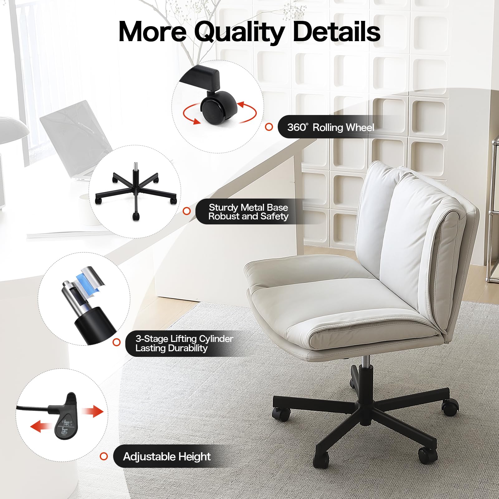 Criss Cross Chair with Wheels Swivel Rolling Armless Vanity Chair Adults Wide Seat Cross-legged Chair Convertible Fixed Wheels or Casters Desk Office Chair for Living Room, Bedroom, Makeup Room