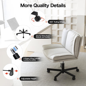 Criss Cross Chair with Wheels Swivel Rolling Armless Vanity Chair Adults Wide Seat Cross-legged Chair Convertible Fixed Wheels or Casters Desk Office Chair for Living Room, Bedroom, Makeup Room