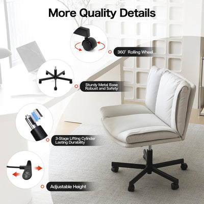 Criss Cross Chair with Wheels Swivel Rolling Armless Vanity Chair Adults Wide Seat Cross-legged Chair Convertible Fixed Wheels or Casters Desk Office Chair for Living Room, Bedroom, Makeup Room