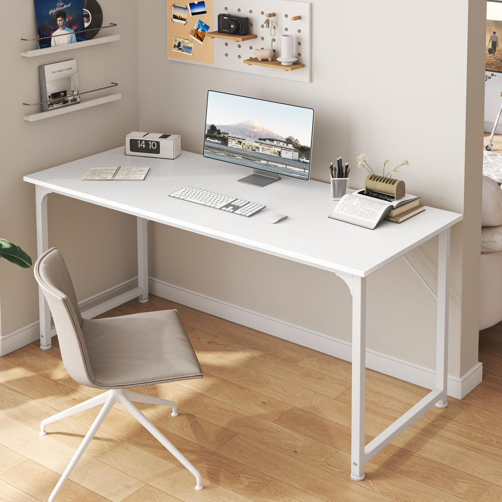 Computer Desk, 55 Inch Home Office Desk, Gaming Writing Work from Home Study Desk, Large Legroom, Sturdy Metal Frame, Modern Simple, White