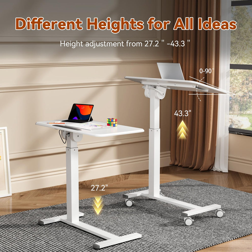 Mobile Standing Desk, Height Adjustable Left/Right Overbed Bedside Table, 90° Tiltable Portable Laptop Desk with Wheels, Foldable Computer Cart for Hospital Home Use, White