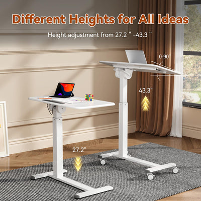 Mobile Standing Desk, Height Adjustable Left/Right Overbed Bedside Table, 90° Tiltable Portable Laptop Desk with Wheels, Foldable Computer Cart for Hospital Home Use, White