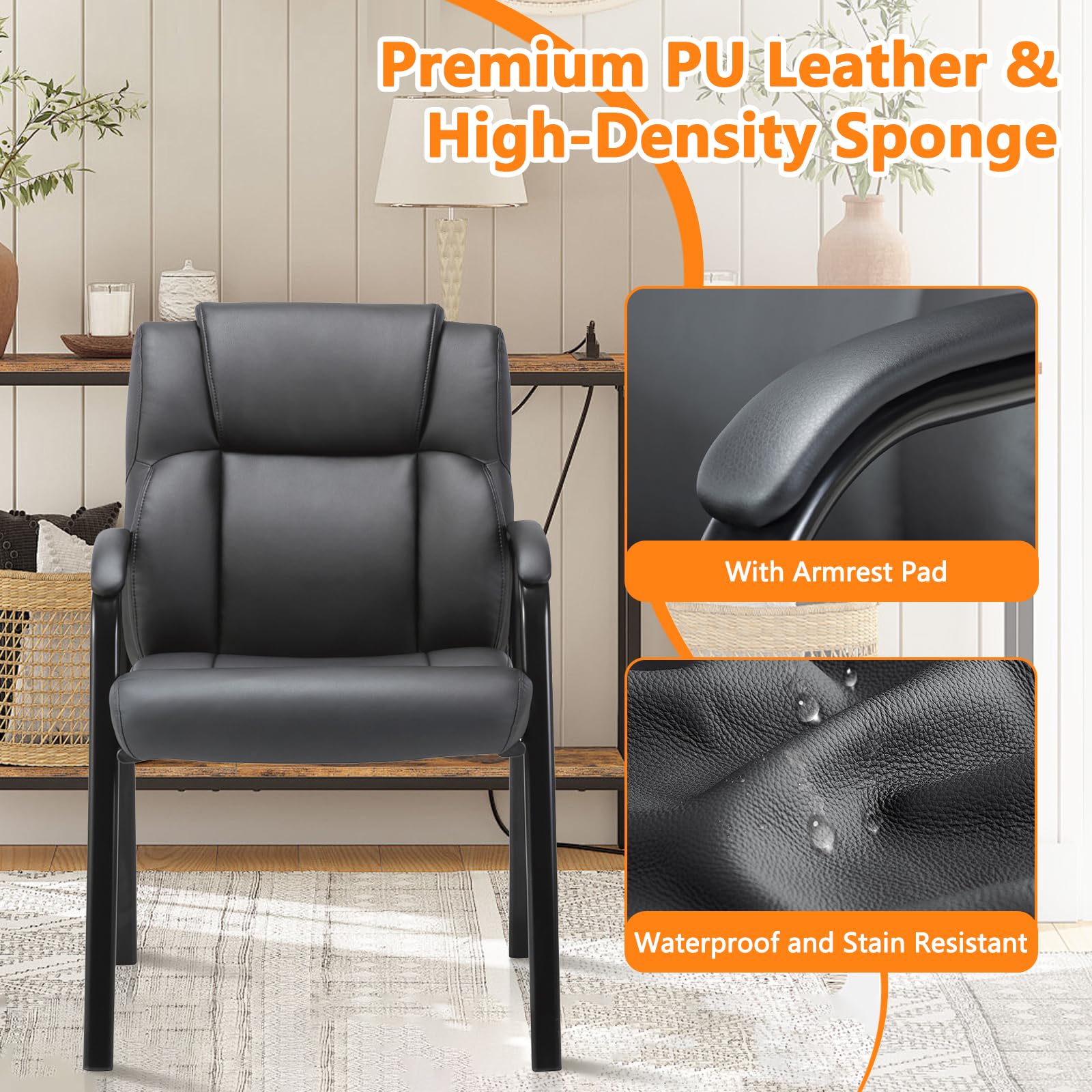 2 Pack, Leather Guest Chair with Padded Arm Rest for Reception Meeting Conference and Waiting Room Side Office Home Black