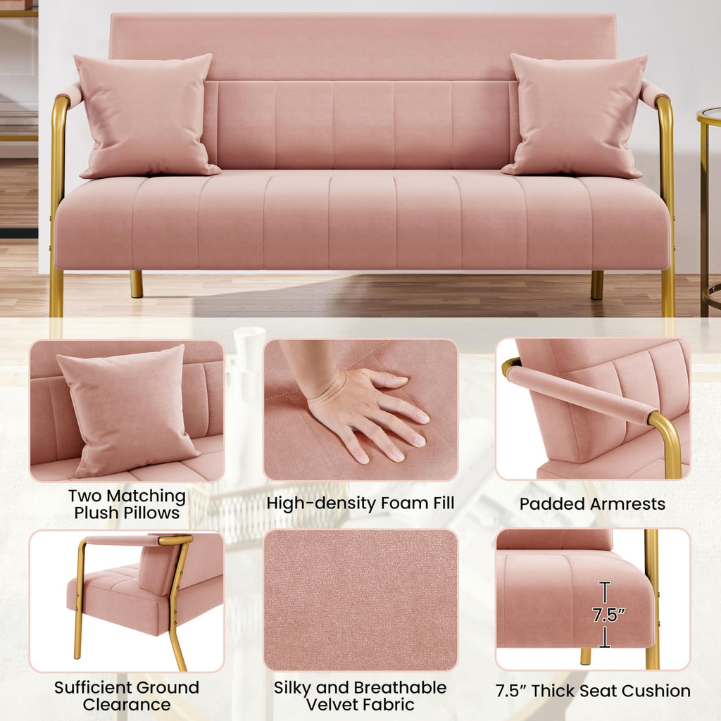 56.5" W Modern Sofa Small Sofa Luxurious Velvet Fabric Couch with Gold-Tone Metal Arms and Legs for Living Room, Home Office, Studio Pink