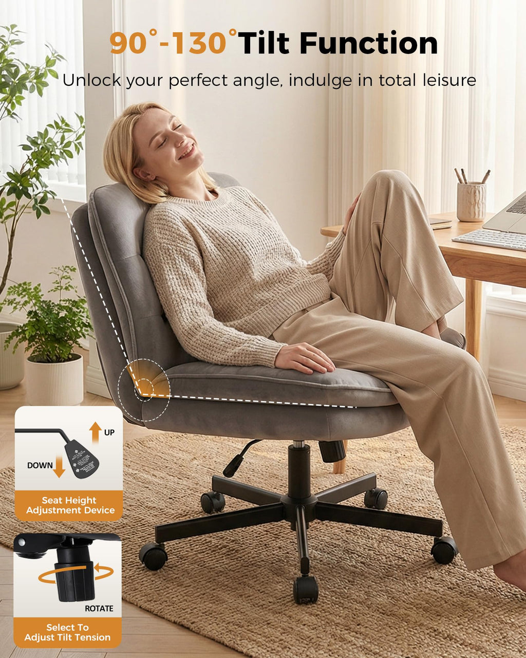 Criss Cross Office Chair with Wheels Armless Desk Chair Comfy, Modern Vanity Chair for Home Bedroom, Comfortable Wide Seat for Lower Back Pain Relief, Soft Velvet, Gray