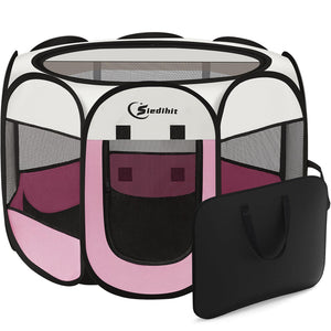 Pink Puppy Playpen for Middle Dog Cat, Dog Tent Crates Cage Indoor/Outdoor, Portable Pop Up Dog Kennel with Carrying Bag for Rabbits, (Pink, Medium)