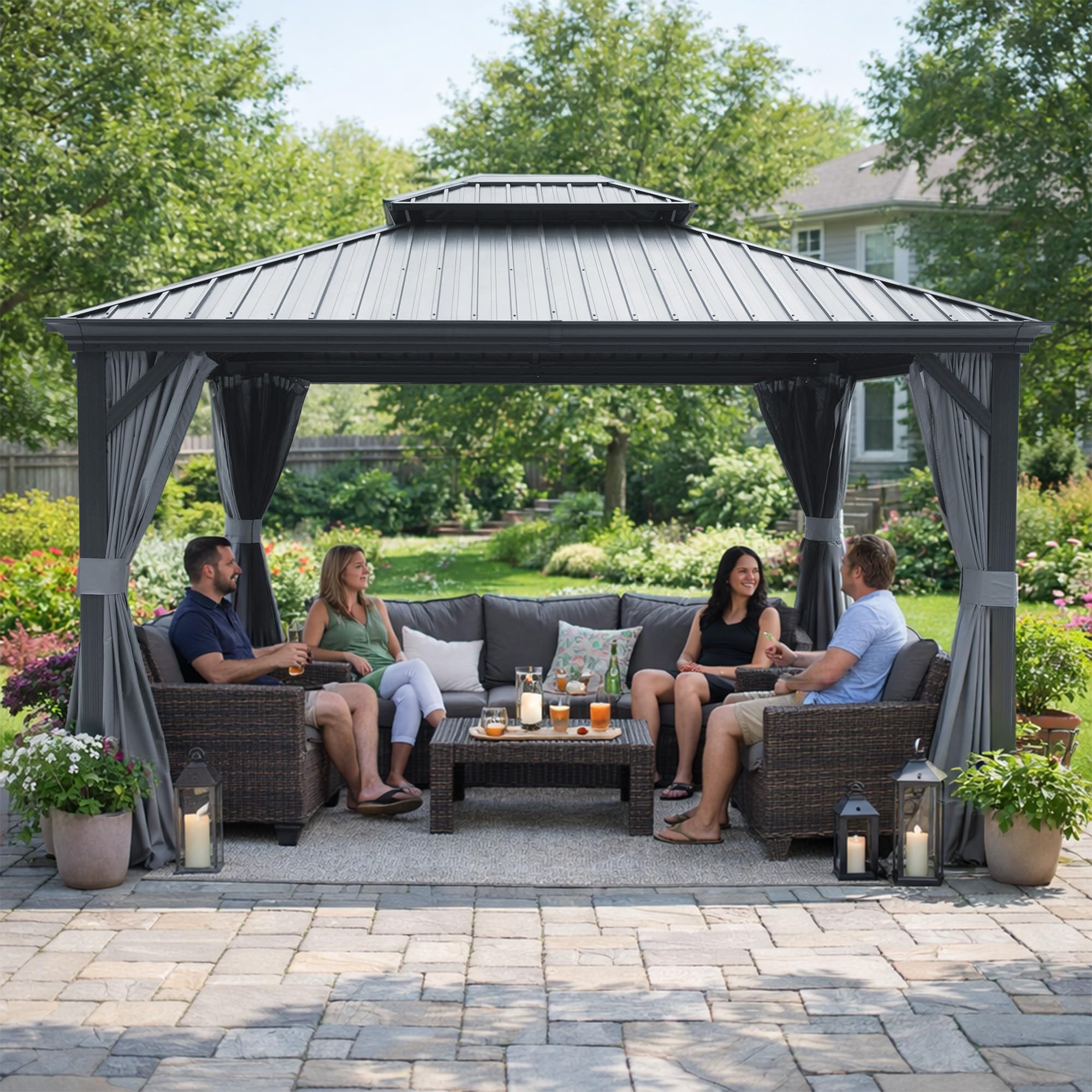 10' x 14' Hardtop Gazebo, Aluminum Frame with Galvanized Steel Double Roof, Outdoor Permanent Pavilion with Curtains and Netting for Patio, Backyard, Deck, Lawn (Gray)