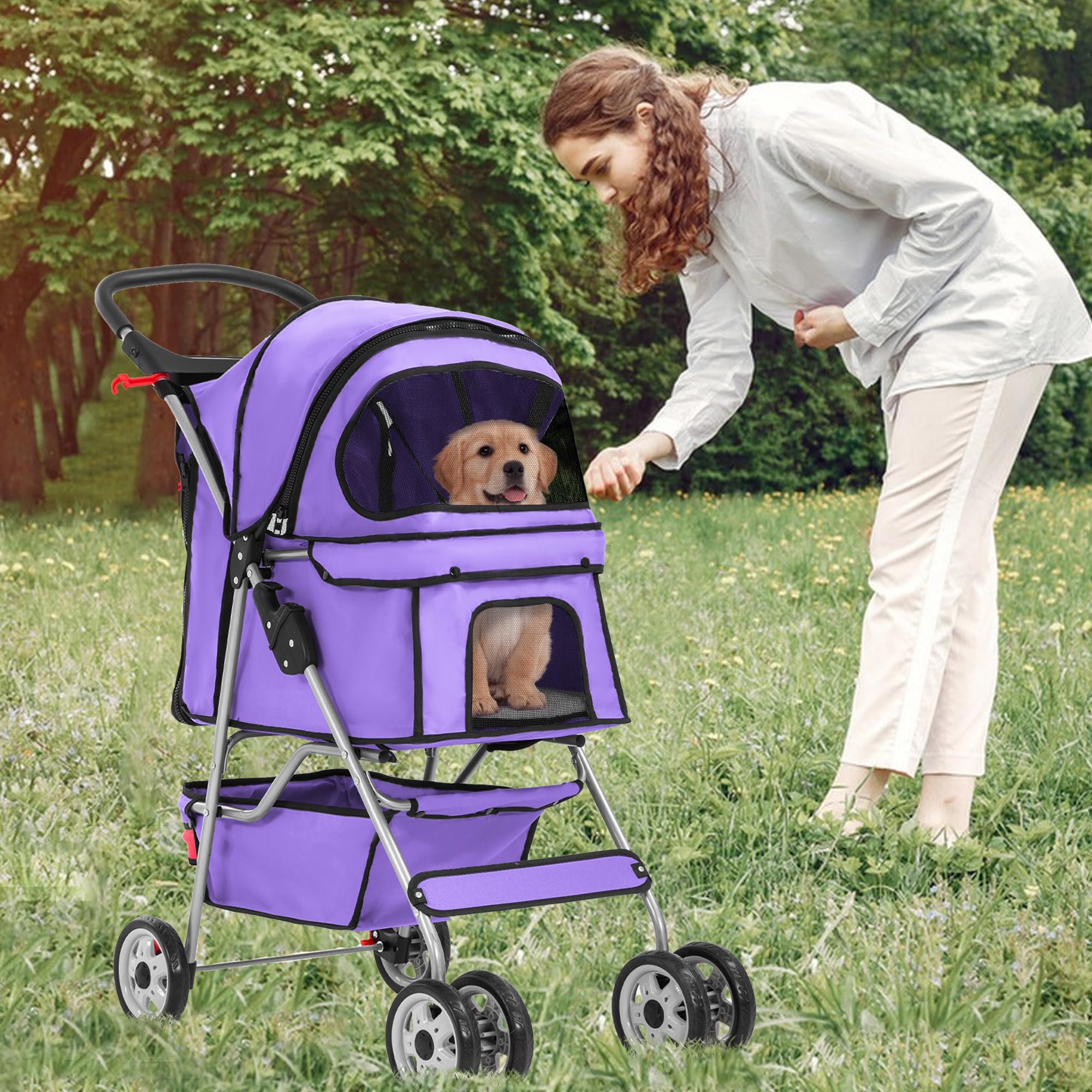 Pet Stroller 4-Wheel Dog Cat Stroller Travel Folding Carrier Puppy Stroller with Cup Holder and Removable Liner for Small Medium Dogs Cats, Purple