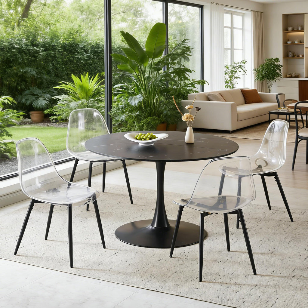 42" Tulip Table for 4-6 Persons Modern Round Dining Table, Mid-Century Modern Black Marble Small Kitchen Table with MDF Wooden Top, Leisure Coffee Table for Living Room, Dining Room, Office