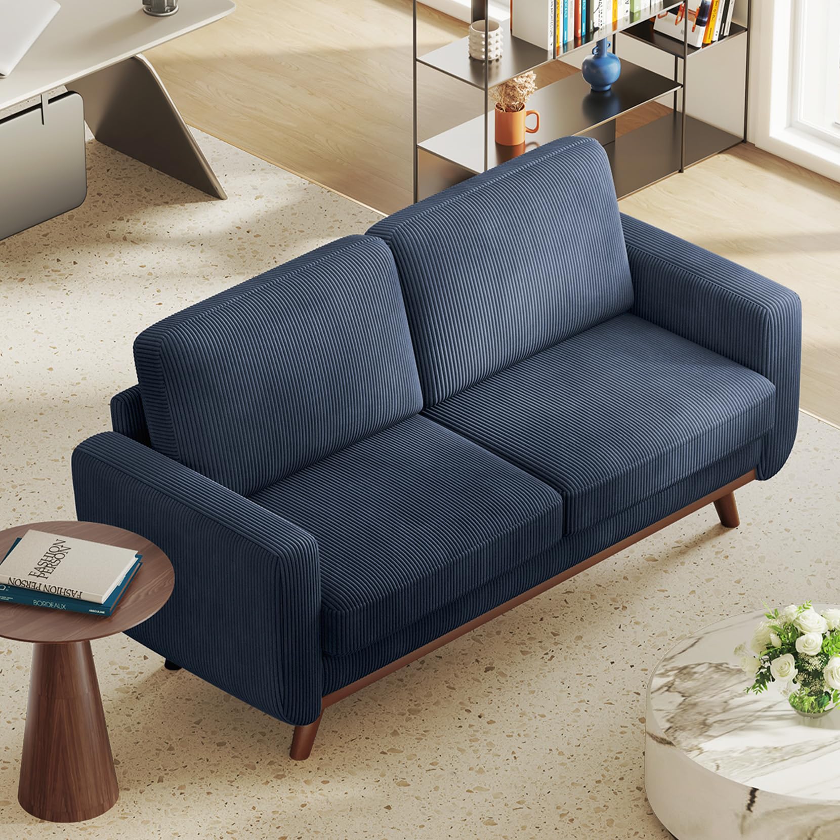 68" Loveseat Sofa Dark Blue, Comfy Corduroy Couch with Spring Cushion and Solid Wood, Modern Extra Deep Seat for Bedroom, Living Room, Office
