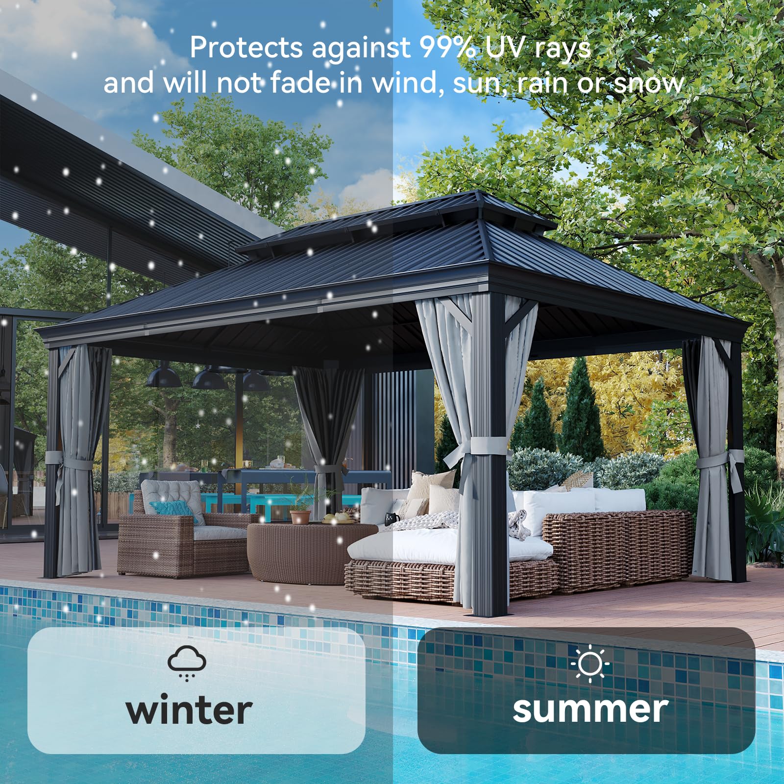 12' X 16' Permanent Hardtop Gazebo Aluminum Gazebo with Galvanized Steel Double Roof for Patio Lawn and Garden, Curtains and Netting Included, Grey
