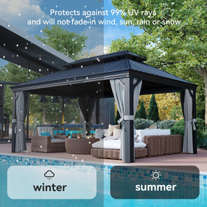 12' X 16' Permanent Hardtop Gazebo Aluminum Gazebo with Galvanized Steel Double Roof for Patio Lawn and Garden, Curtains and Netting Included, Grey