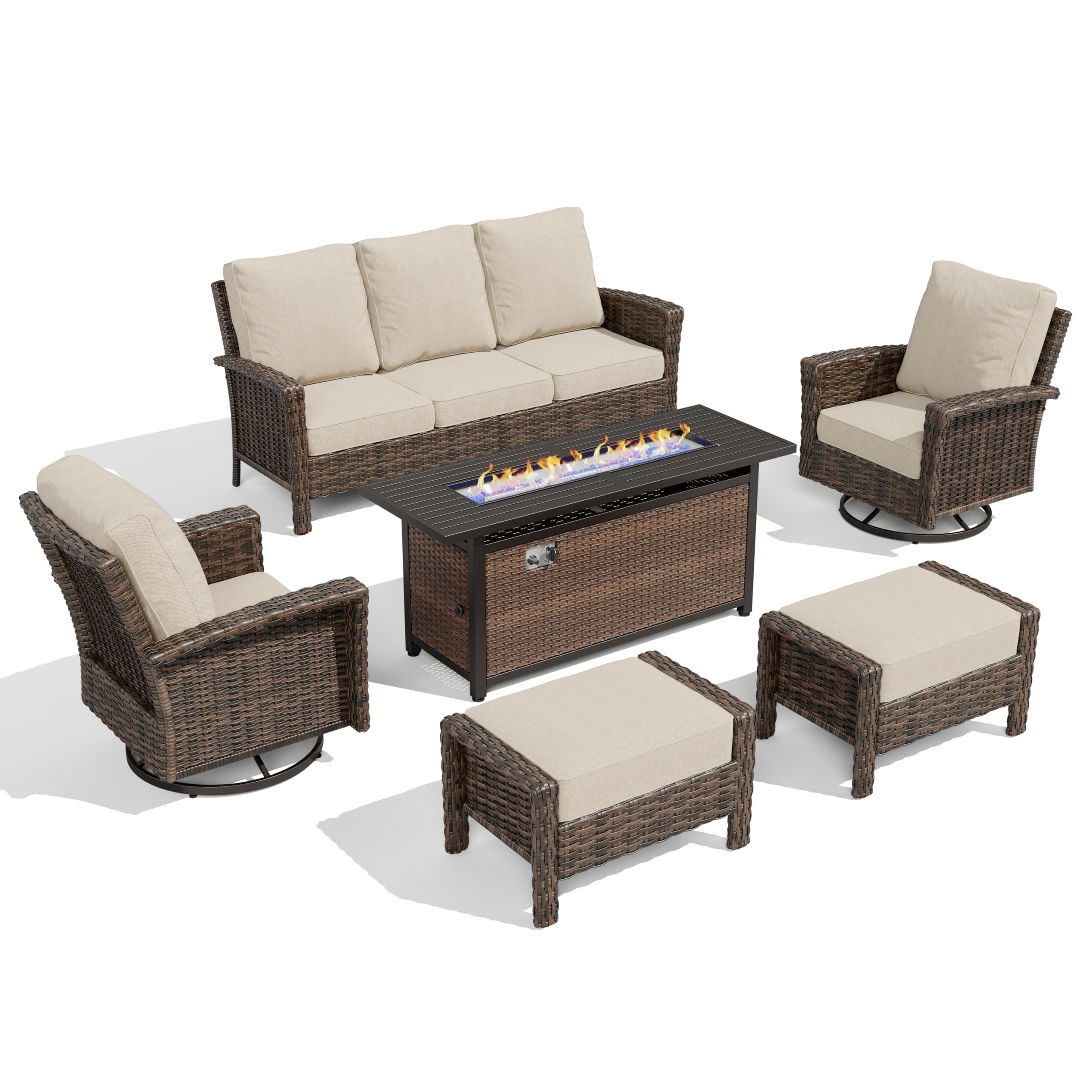 Wicker Patio Furniture Set, High Back Swivel Chairs with 5.5-Inch Thick Cushions, 6-Piece Outdoor Deep Seating Conversation Sets with Fire Pit Table & Ottomans for Deck Yard Garden, Beige