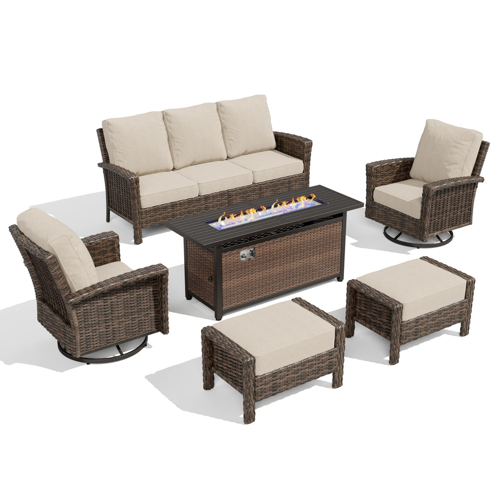 Wicker Patio Furniture Set, High Back Swivel Chairs with 5.5-Inch Thick Cushions, 6-Piece Outdoor Deep Seating Conversation Sets with Fire Pit Table & Ottomans for Deck Yard Garden, Beige