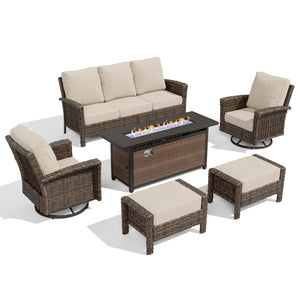 Wicker Patio Furniture Set, High Back Swivel Chairs with 5.5-Inch Thick Cushions, 6-Piece Outdoor Deep Seating Conversation Sets with Fire Pit Table & Ottomans for Deck Yard Garden, Beige