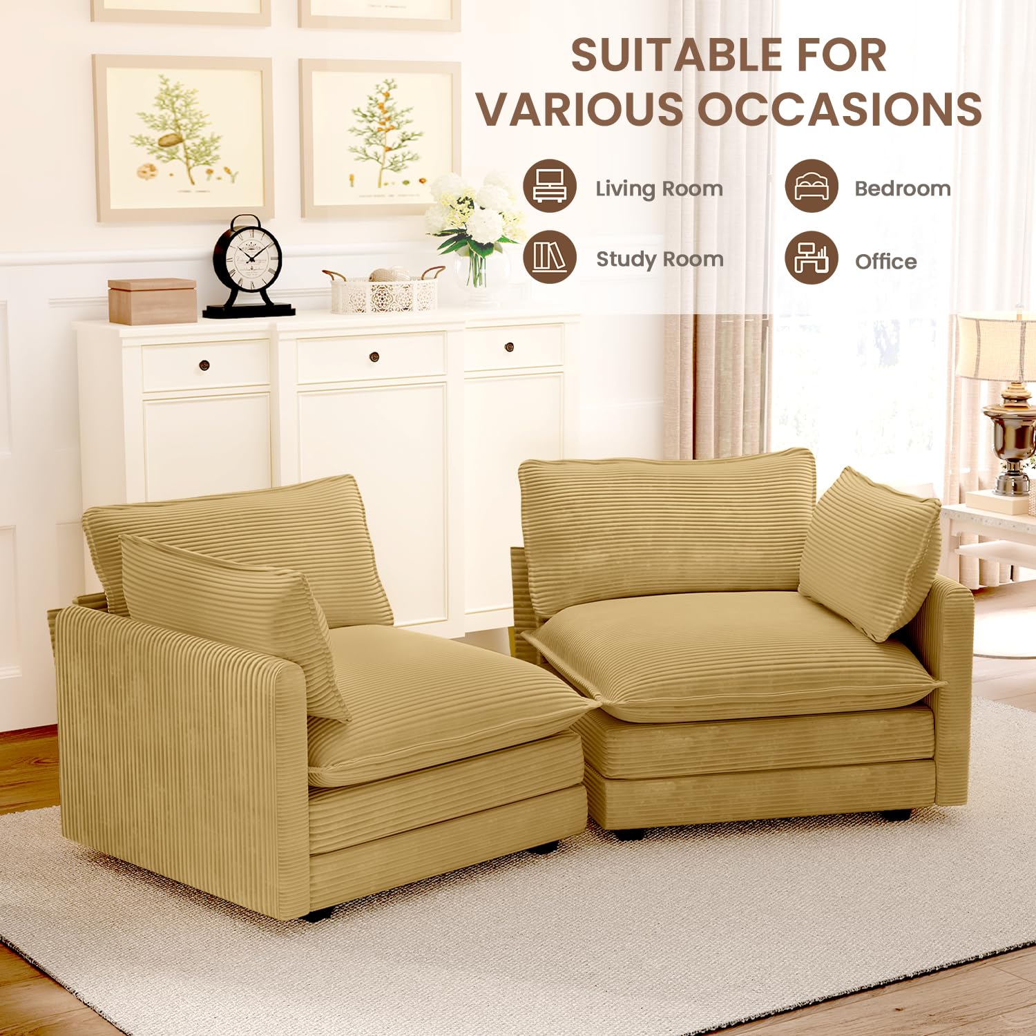 78'' Sectional 2 Seat Cloud Loveseat with 2 Throw Pillows, Modern Corduroy Love Seat, Convertible Cozy Sofa for Living Room, Bedroom and Office, Yellow