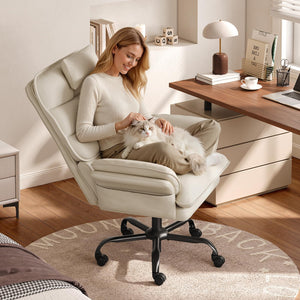 Cross Legged Office Chair Criss Cross Chair with Adjustable Arms 135° Reclining PU Leather Executive Chair with Wheels Big and Tall Computer Desk Chair for Home Office Beige