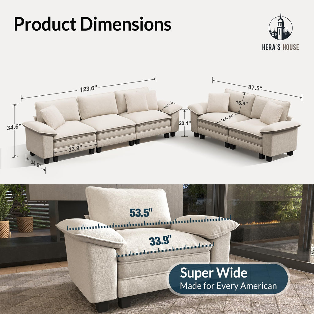2 Pieces Modular Sectional Sofa Sets, Oversized Couch Set with Loveseats, Comfy Cloud Couches with Throw Pillows, 5-Seater Deep Seat Sofa for Living Room, Chenille Beige