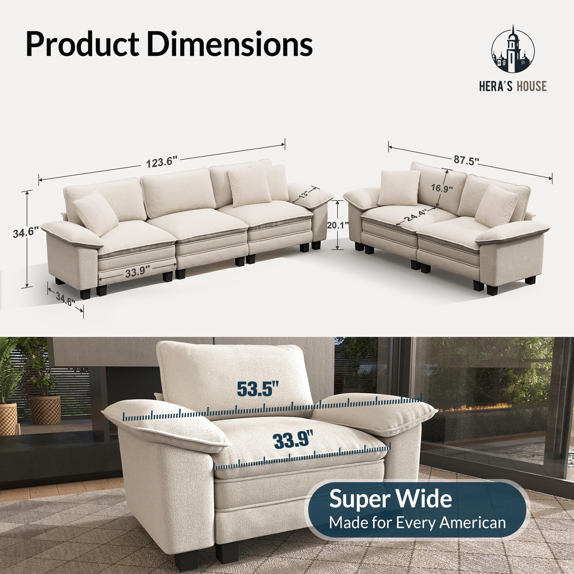 2 Pieces Modular Sectional Sofa Sets, Oversized Couch Set with Loveseats, Comfy Cloud Couches with Throw Pillows, 5-Seater Deep Seat Sofa for Living Room, Chenille Beige