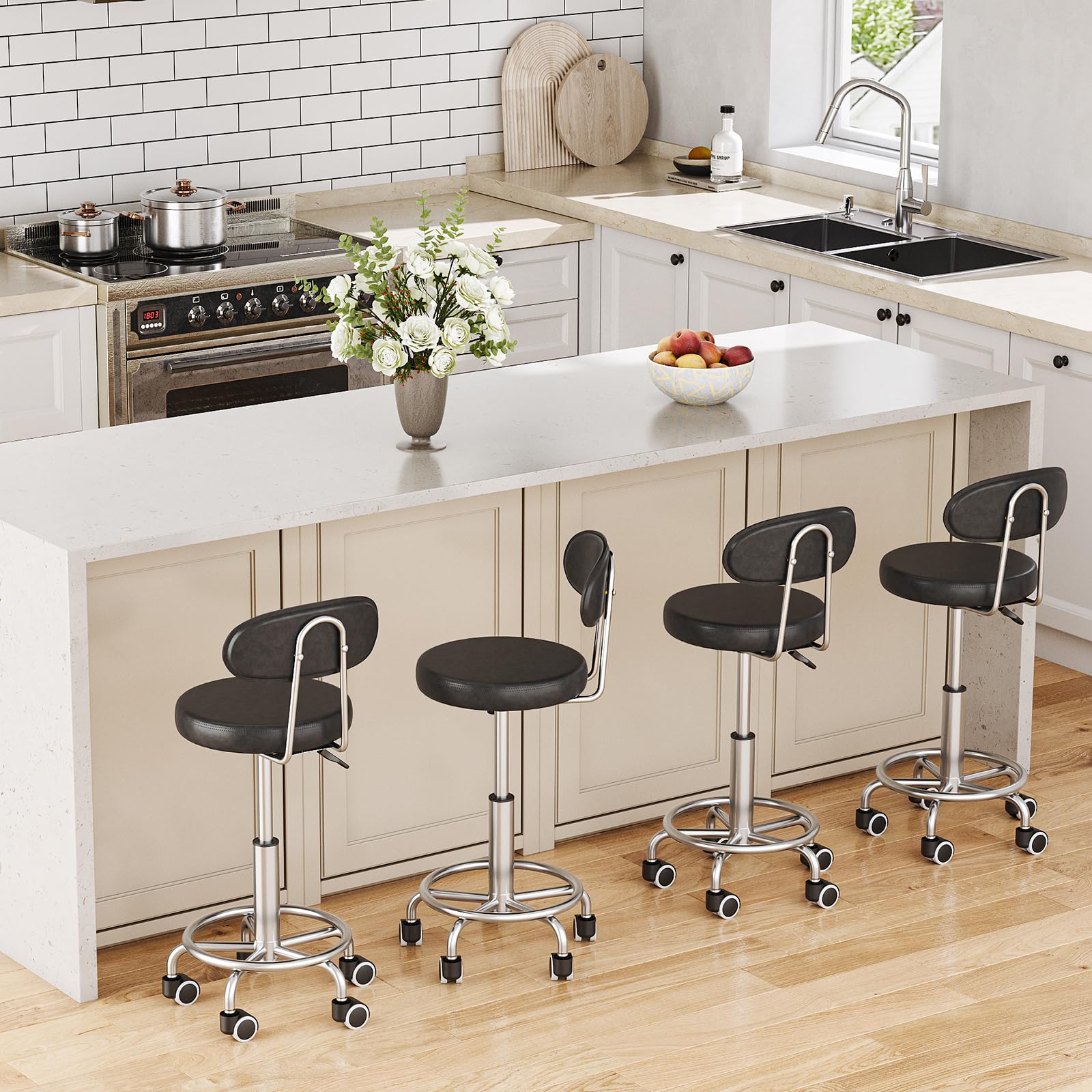 Height Adjustable Rolling Stool, 360° Rotating Drafting Chair, Multi-Purpose Office Desk Chair, Rolling Swivel Salon Stool Chair, for Barber Shop, Nail Salon, Office, Black SB01BY01G1