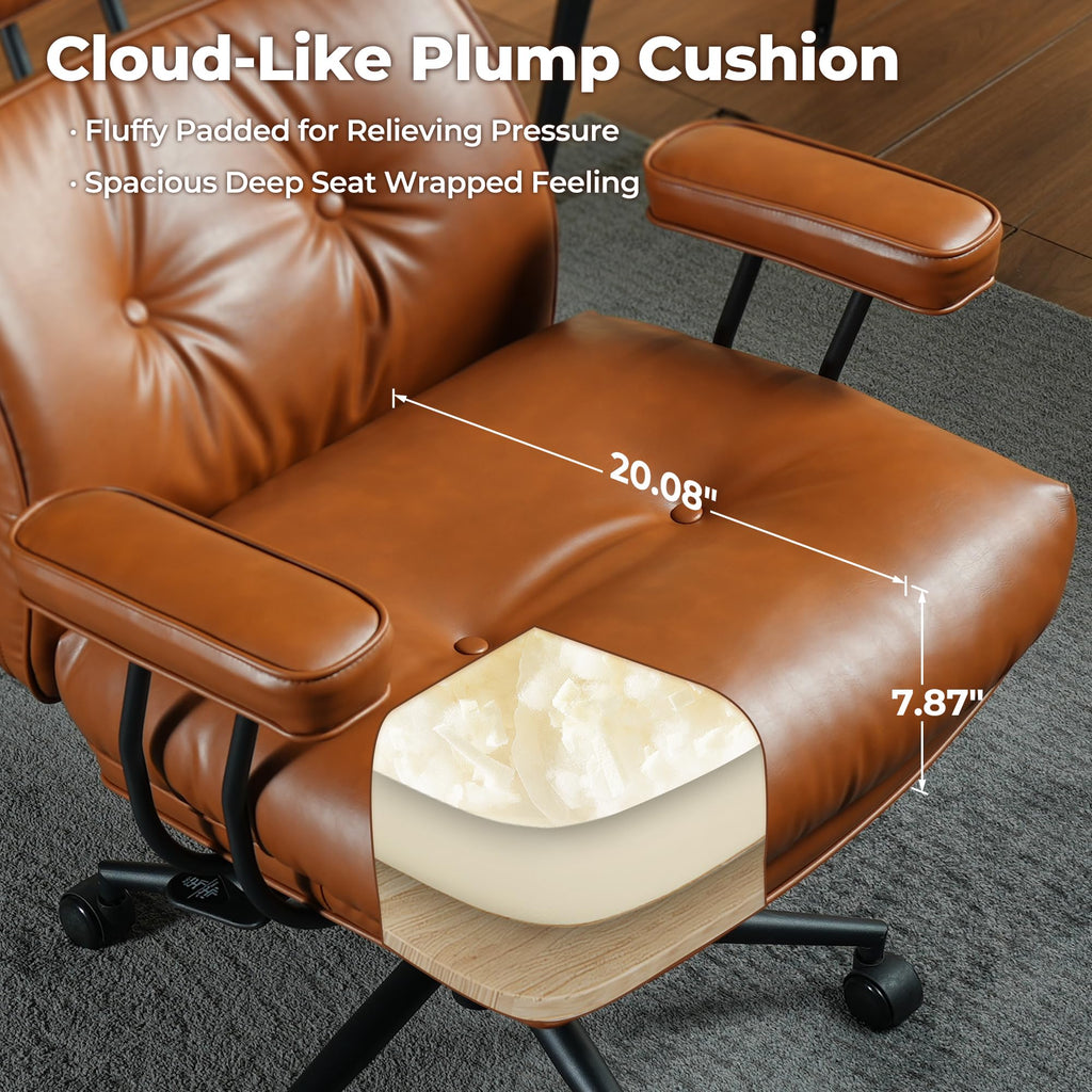 Ergonomic Office Chair, High Back Faux Leather Executive Chairs with Thick Cushion, Comfy Mid-Century Modern Swivel Rolling Computer Armchair (Brown, PU Leather)