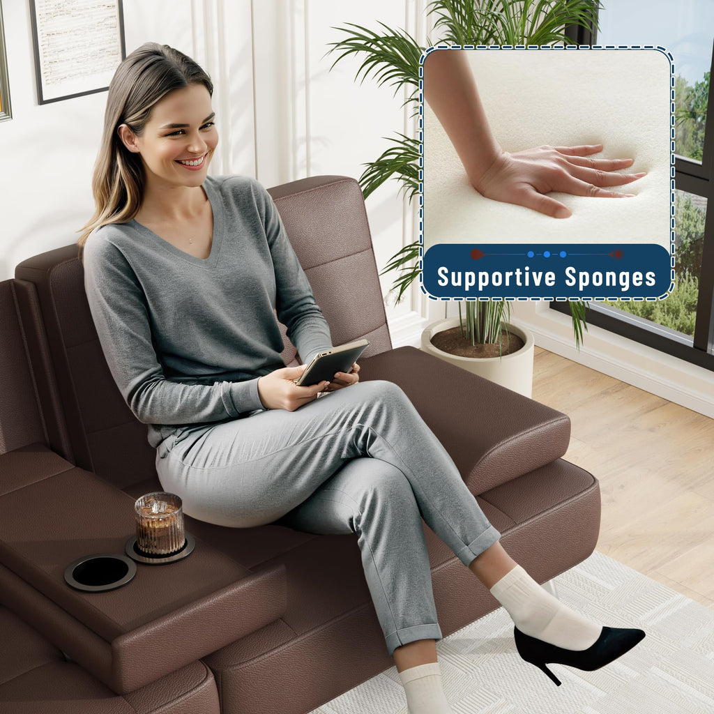 Sofa Bed Adjustable Futon Couch Sleeper Sofa Bed for Living Room, Business Office, Recliner Sofas with Cup Holders (PU Leather, Brown)