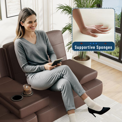 Sofa Bed Adjustable Futon Couch Sleeper Sofa Bed for Living Room, Business Office, Recliner Sofas with Cup Holders (PU Leather, Brown)
