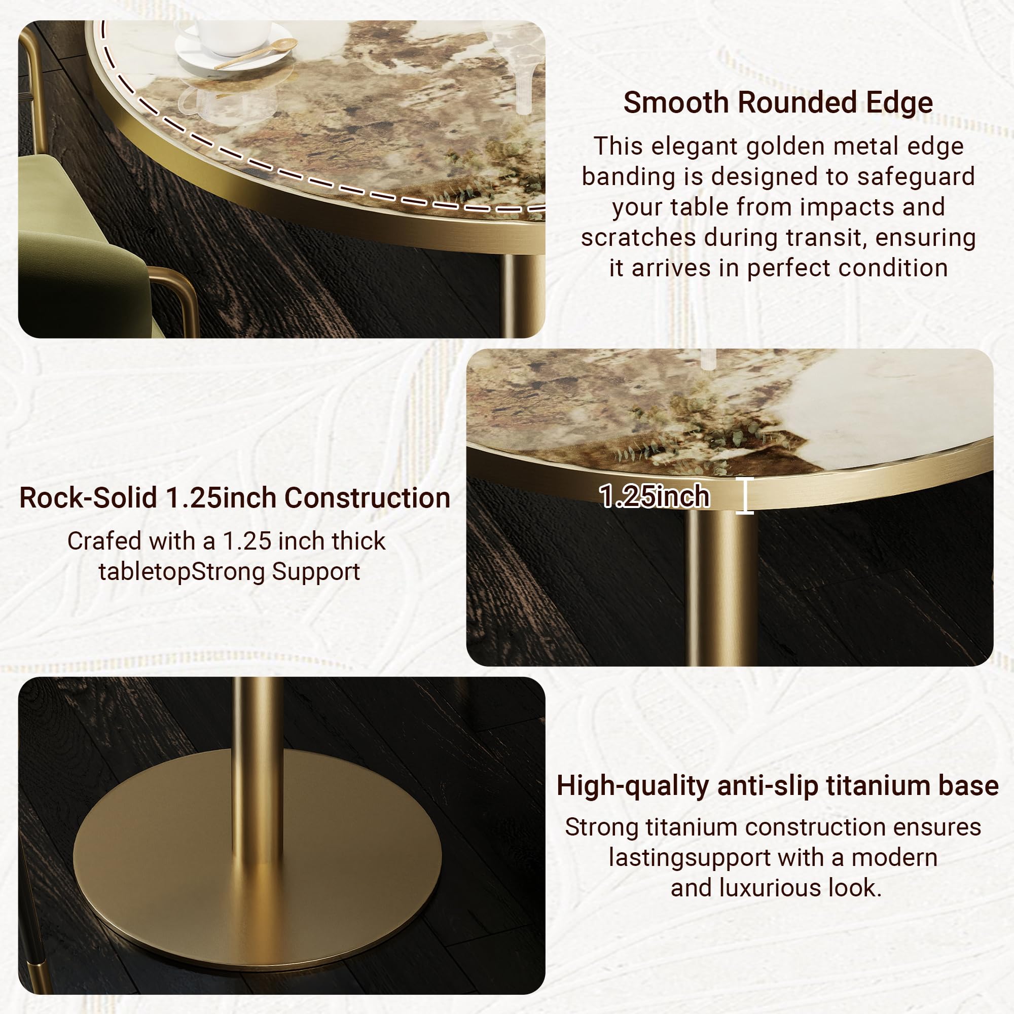 31.5" Tulip Table,Round Kitchen Dining Table for 2-4 with Thick Sintered Stone Top,Titanium Golden Pedestal Base,Heat-Resistant,Bistro Table for Dining Room,Café,Small Space（Cloud Amber）