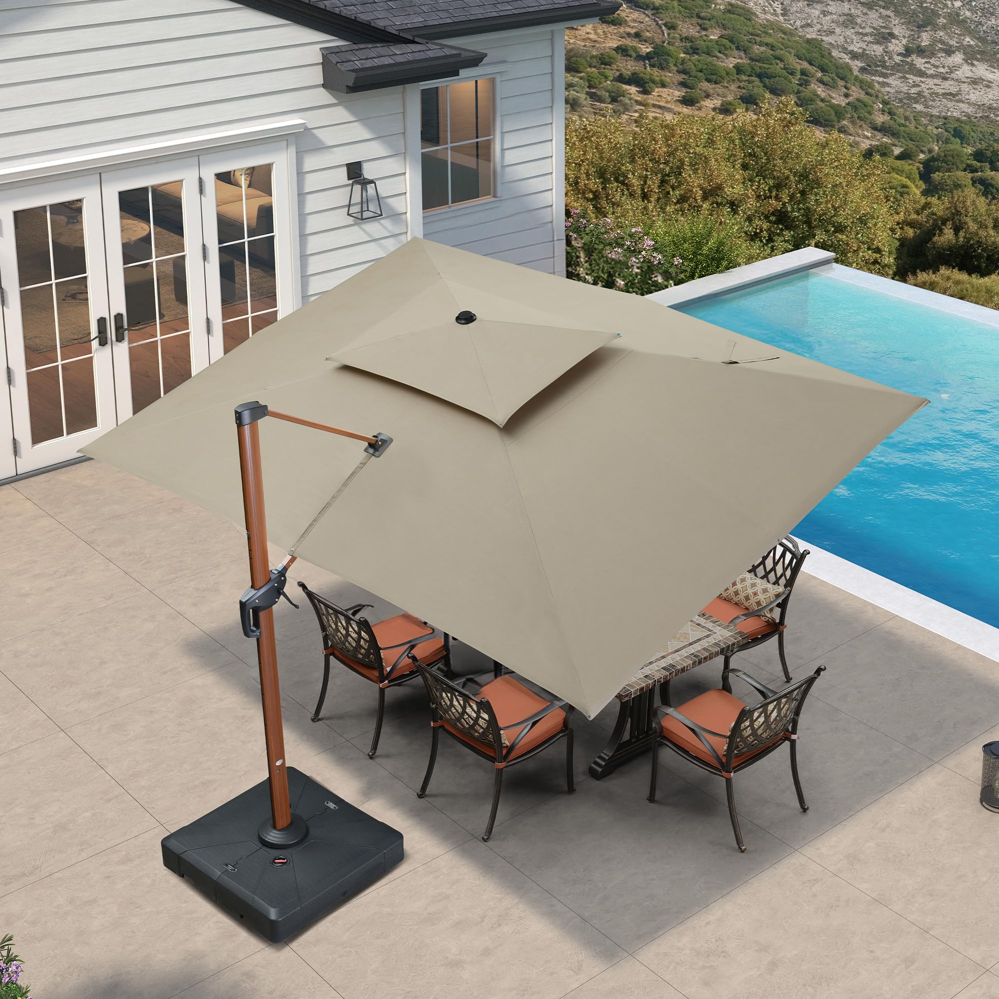 10' X 13' Patio Large Cantilever Umbrella Outdoor Square Wood Umbrellas Offset Umbrella Heavy Duty Sun Umbrellas for Garden Deck Pool, Heather Taupe