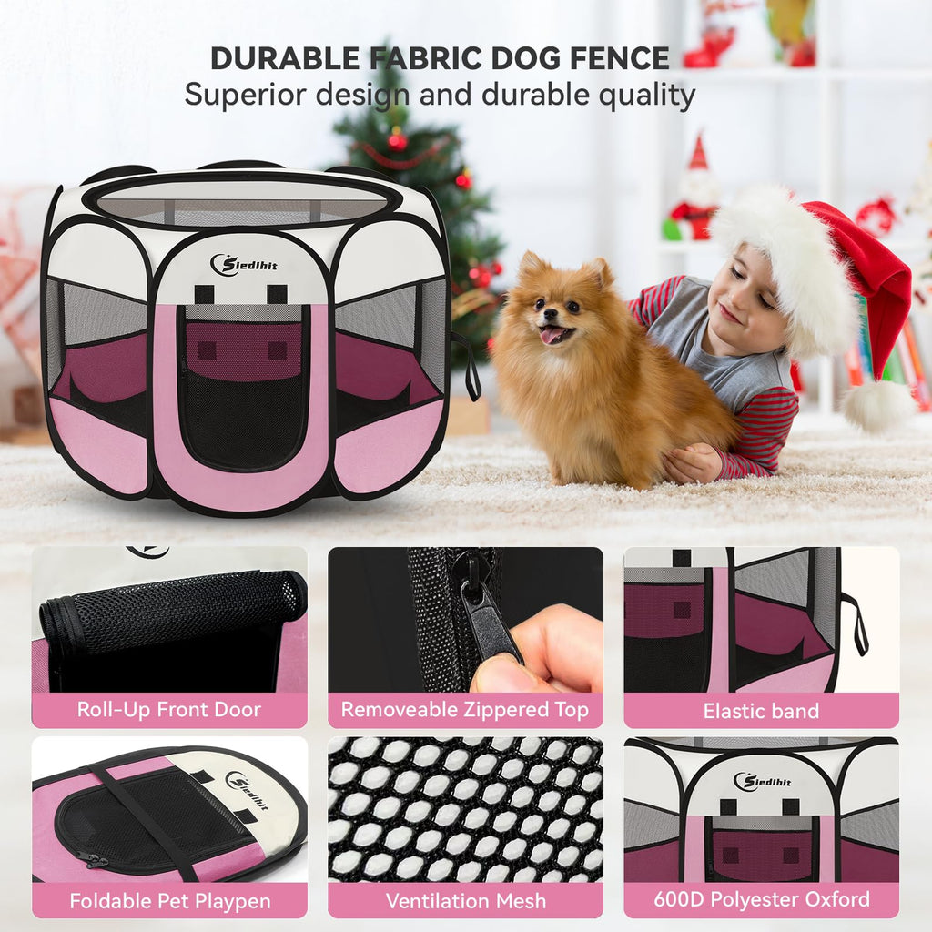Pink Puppy Playpen for Middle Dog Cat, Dog Tent Crates Cage Indoor/Outdoor, Portable Pop Up Dog Kennel with Carrying Bag for Rabbits, (Pink, Medium)