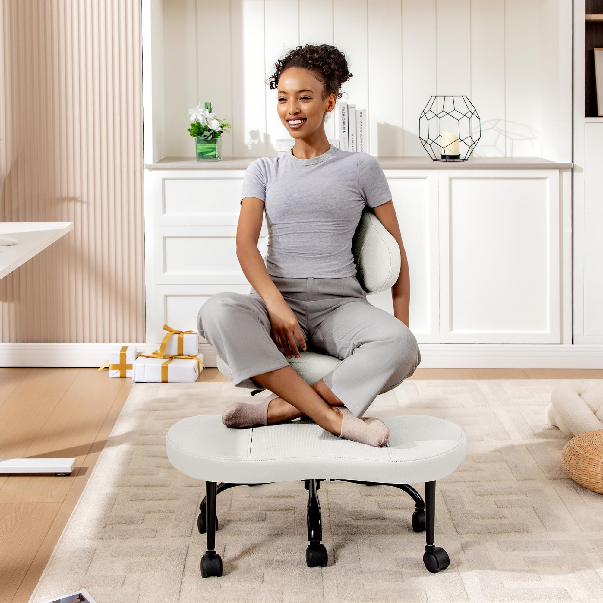 Cross Legged Office Chair, Criss Cross Desk Chair ADHD Meditation Kneeling Yoga Seat with Adjustable Height, Lumbar Support, Wider Footrest and Wheels (White)