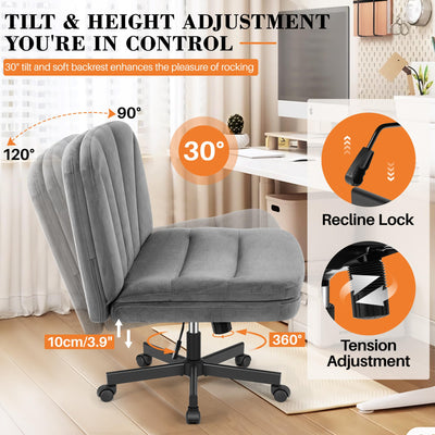 Criss Cross Chair with Wheels, Cross Legged Office Chair, Armless Wide Vanity Desk Chair with 2 Layer Comfty Velvet & Back - Swivel for Home Office Bedroom, Velvet Gray
