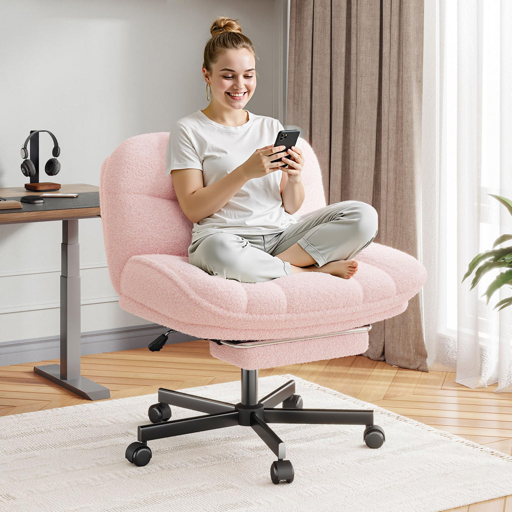 Criss Cross Office Chair with Footrest, 6.3" Thick Cushioned Cross Legged Office Chair with Wheels, Reclining & Height Adjustable, Swivel Armless Vanity Chair for All-Day Comfort (Pink)